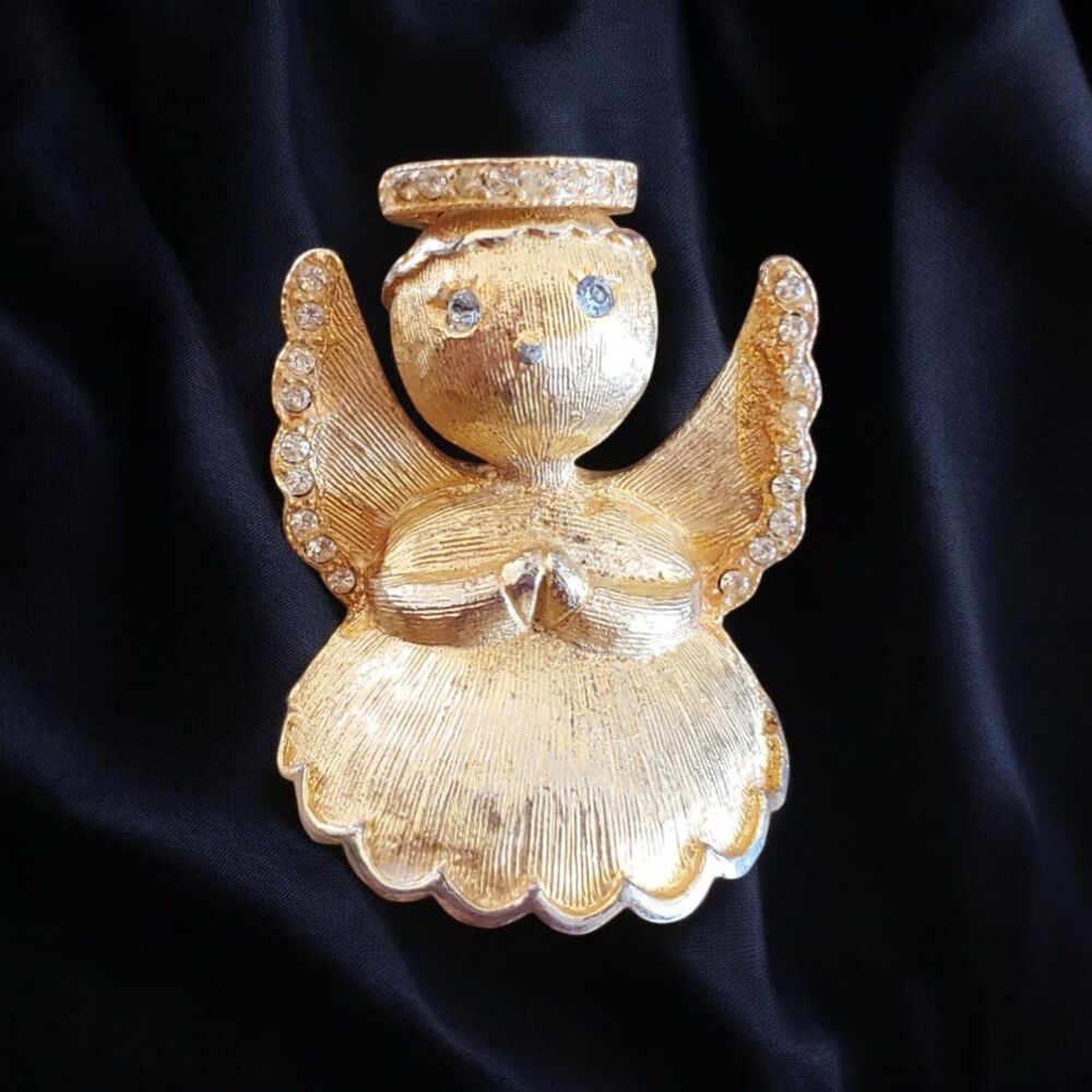 Vintage Ultra Signed Gold-Tone Angel Brooch Pin With Rhinestones & Blue Eyes